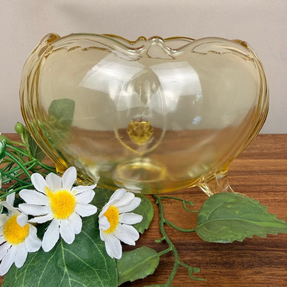 Lancaster Glass Yellow Rose Bowl Three Footed Scalloped Edge Vintage